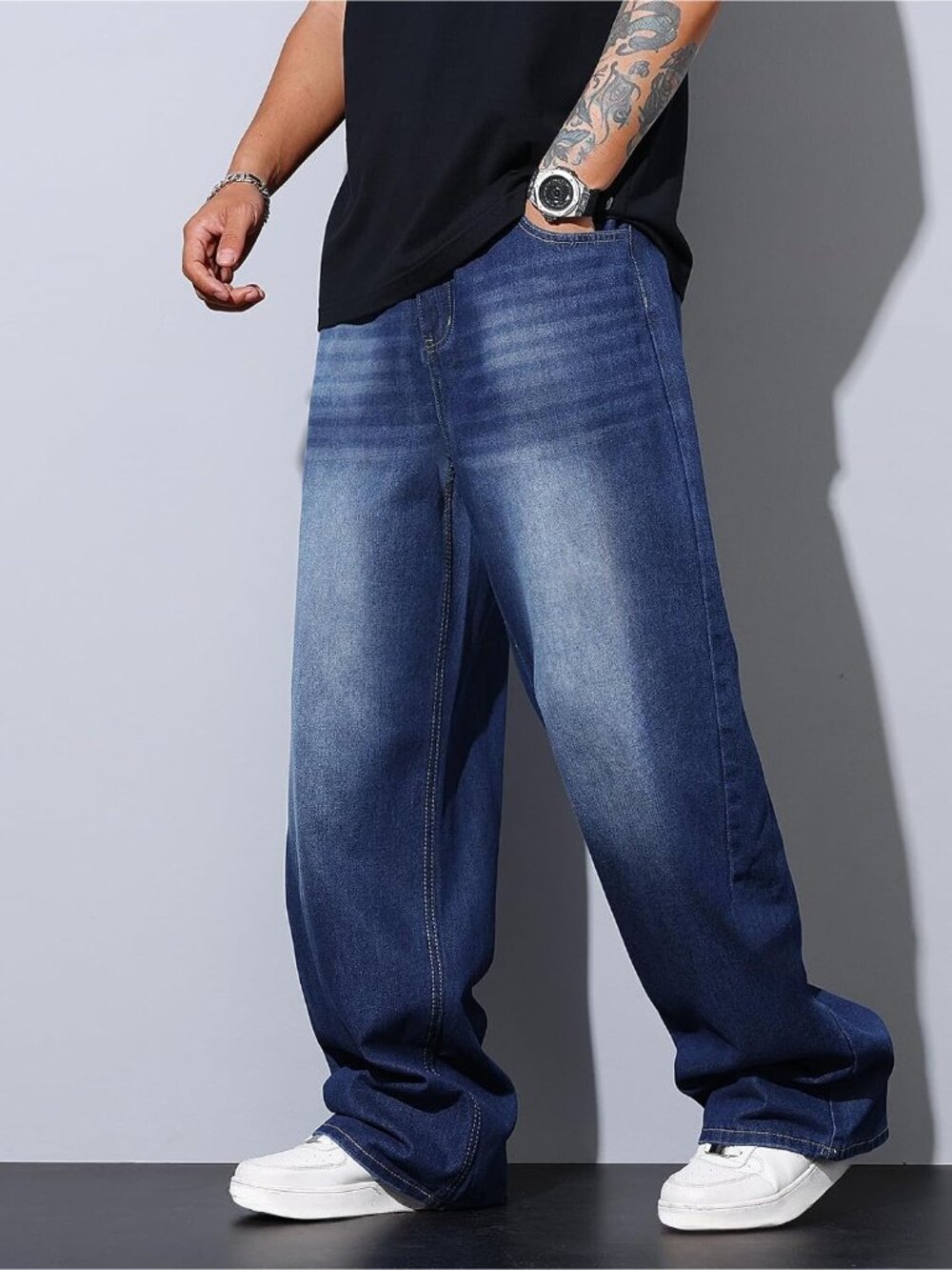 Men's Dark Blue Wide Leg Loose Fit Hip Hop Streetwear Denim Pants Baggy Jeans - Picture 4 of 6